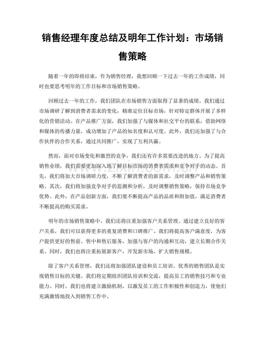 销售经理年度总结及明年工作计划：市场销售策略.docx_第1页