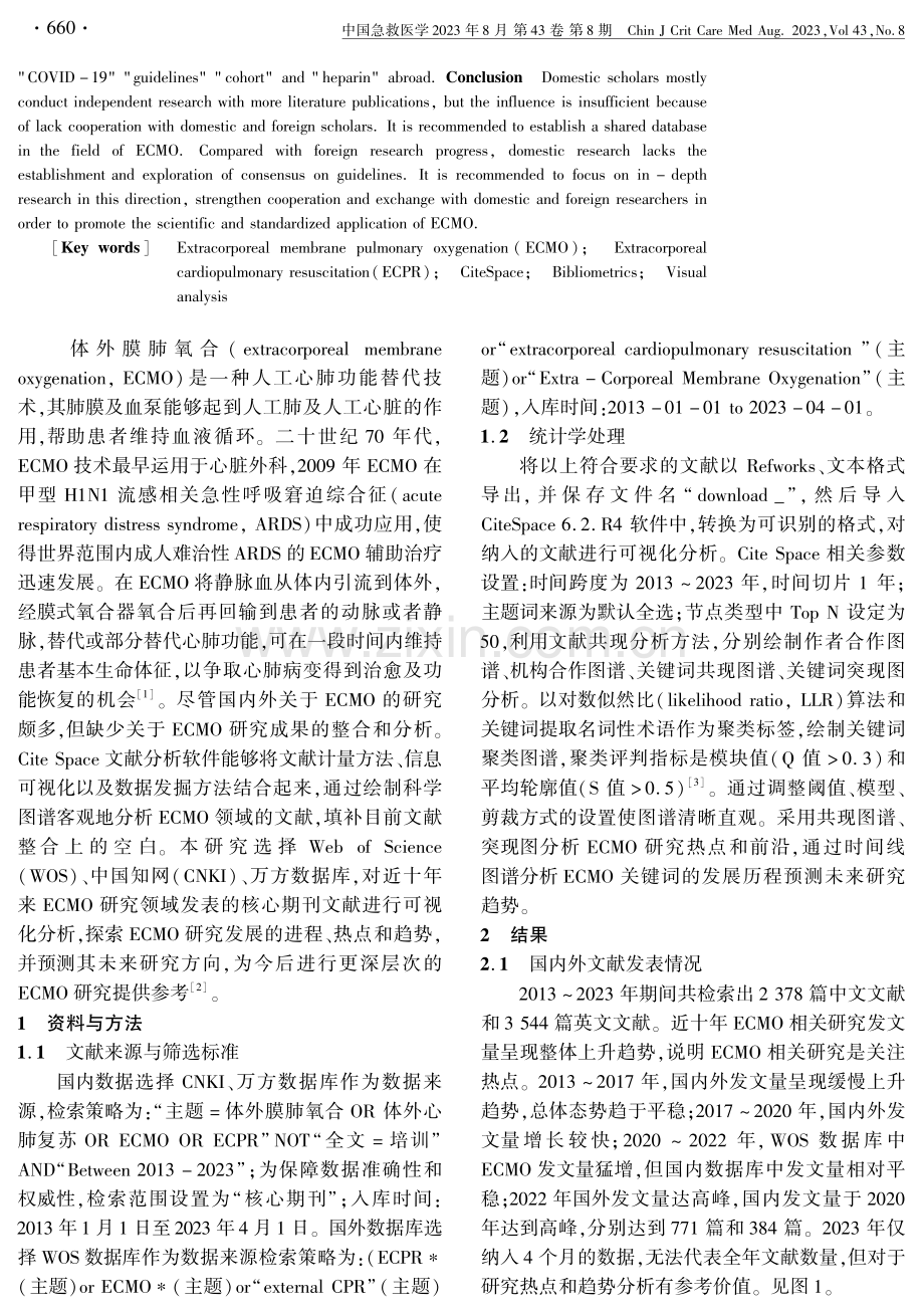 基于CiteSpace对2013-2023年国内外体外膜肺氧合领域研究现状的可视化分析.pdf_第2页