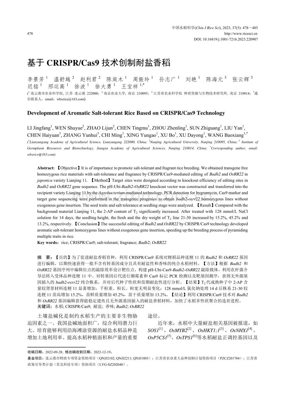 基于CRISPR_Cas9技术创制耐盐香稻.pdf_第1页