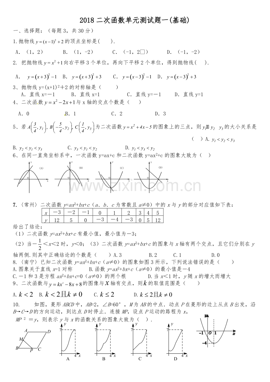 2018二次函数单元测试题含答案(基础).pdf_第1页