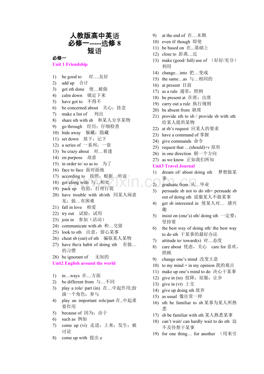 人教版高中英语必修一至选修八短语等归纳.pdf_第1页