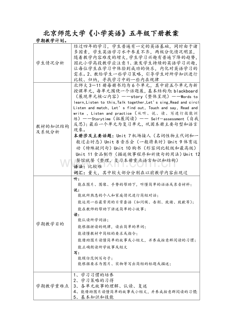 北师大版五年级英语下册教案(全册).doc_第1页