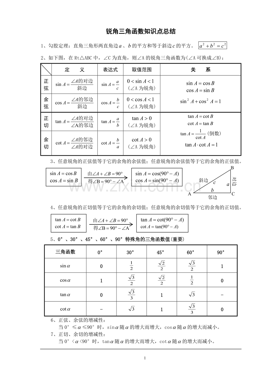 初中三角函数知识点总结及中考真题.pdf_第1页