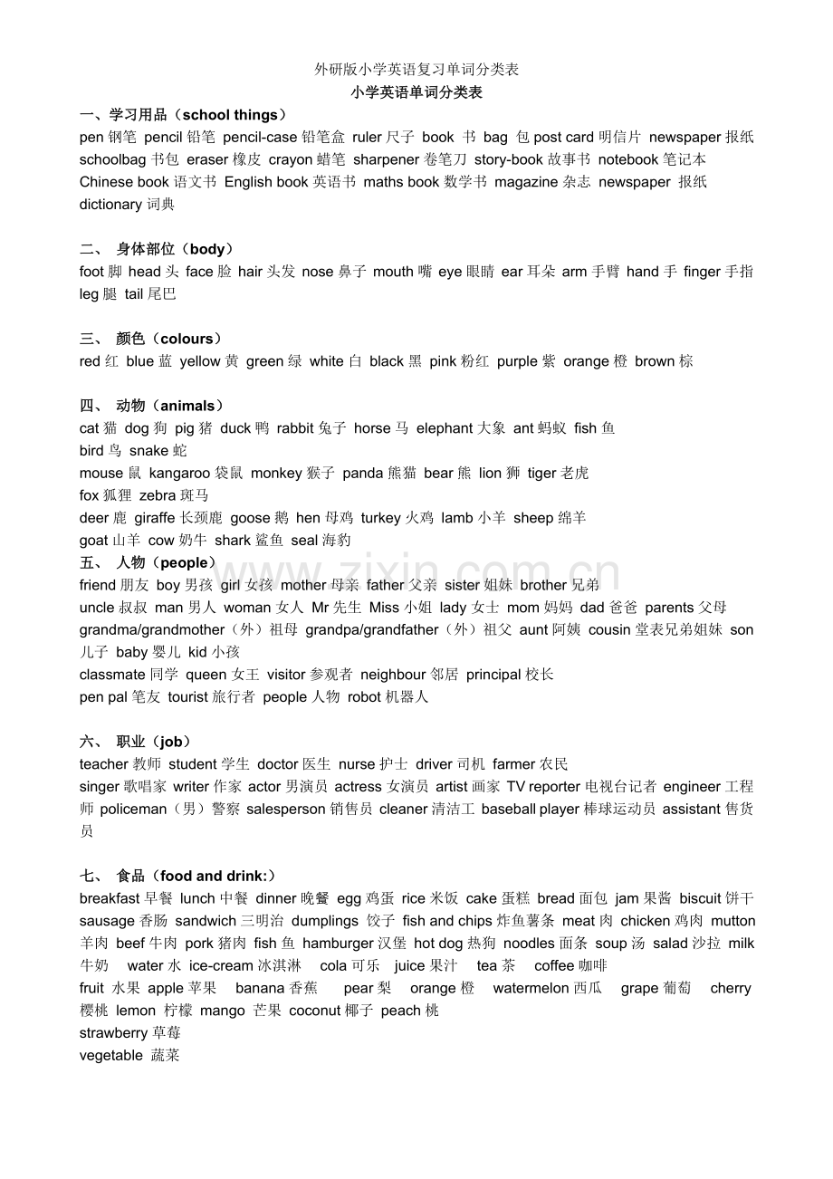 外研版小学英语复习单词分类表.doc_第1页