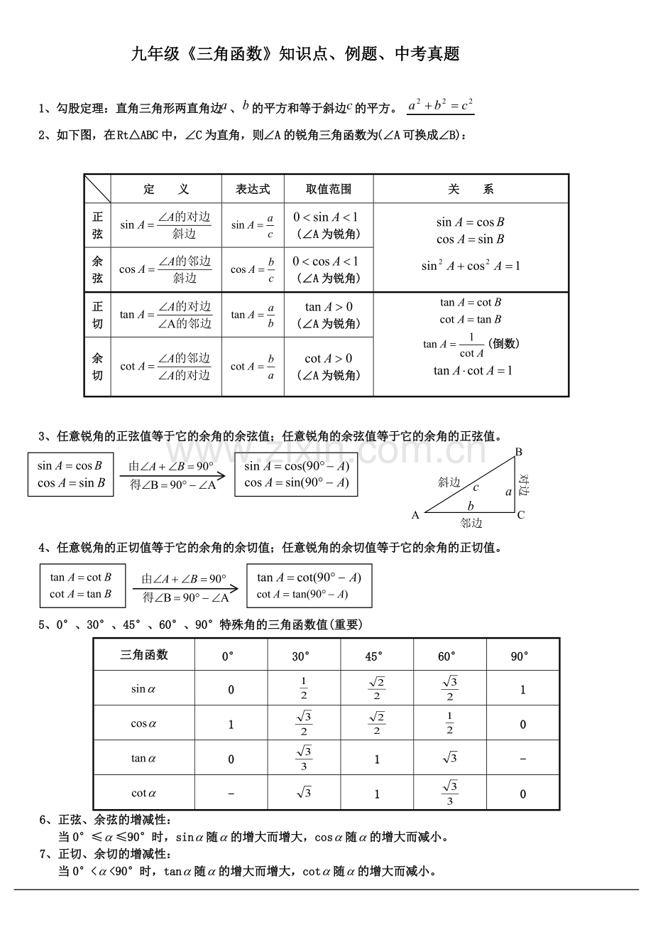 九年级《三角函数》知识点、例题、中考真题.pdf_第1页