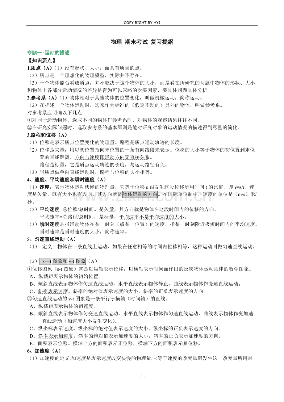 高一物理期末考试知识点复习提纲.pdf_第1页