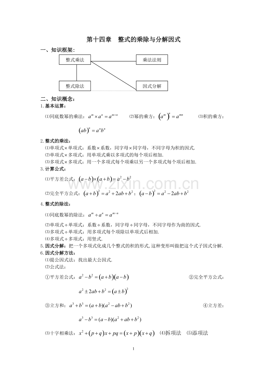 初二数学八上第十四章整式乘法与因式分解知识点总结复习和常考题型练习.pdf_第1页