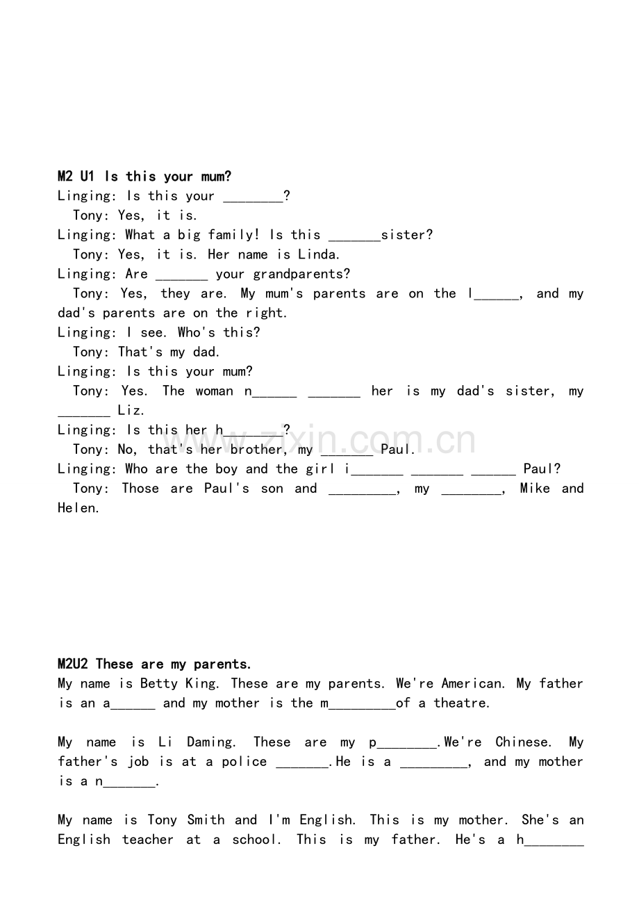 外研社七年级上册英语课文(挖空练习).doc_第2页