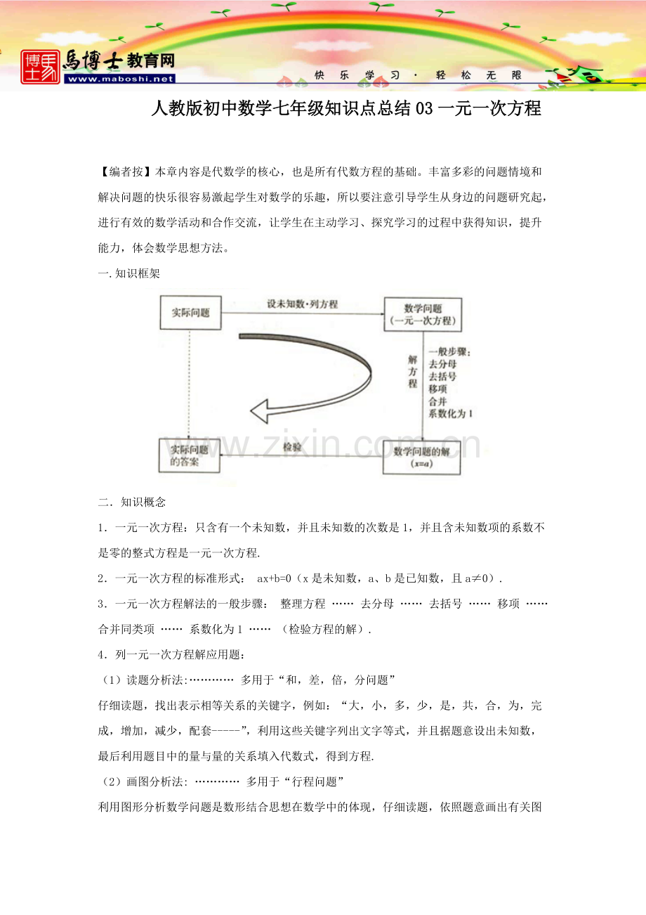 人教版初中数学七年级知识点总结03一元一次方程.pdf_第1页