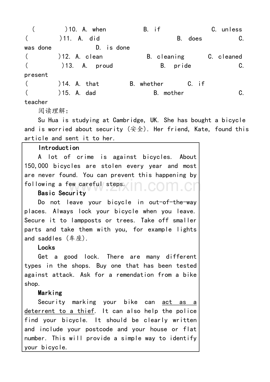 外研版八年级上册英语完形填空与阅读理解练习及答案.doc_第2页