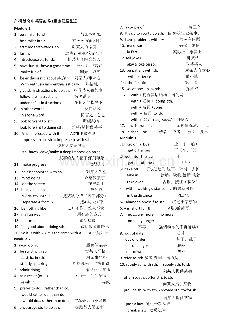 外研版高中英语必修1重点短语汇总.pdf_第1页