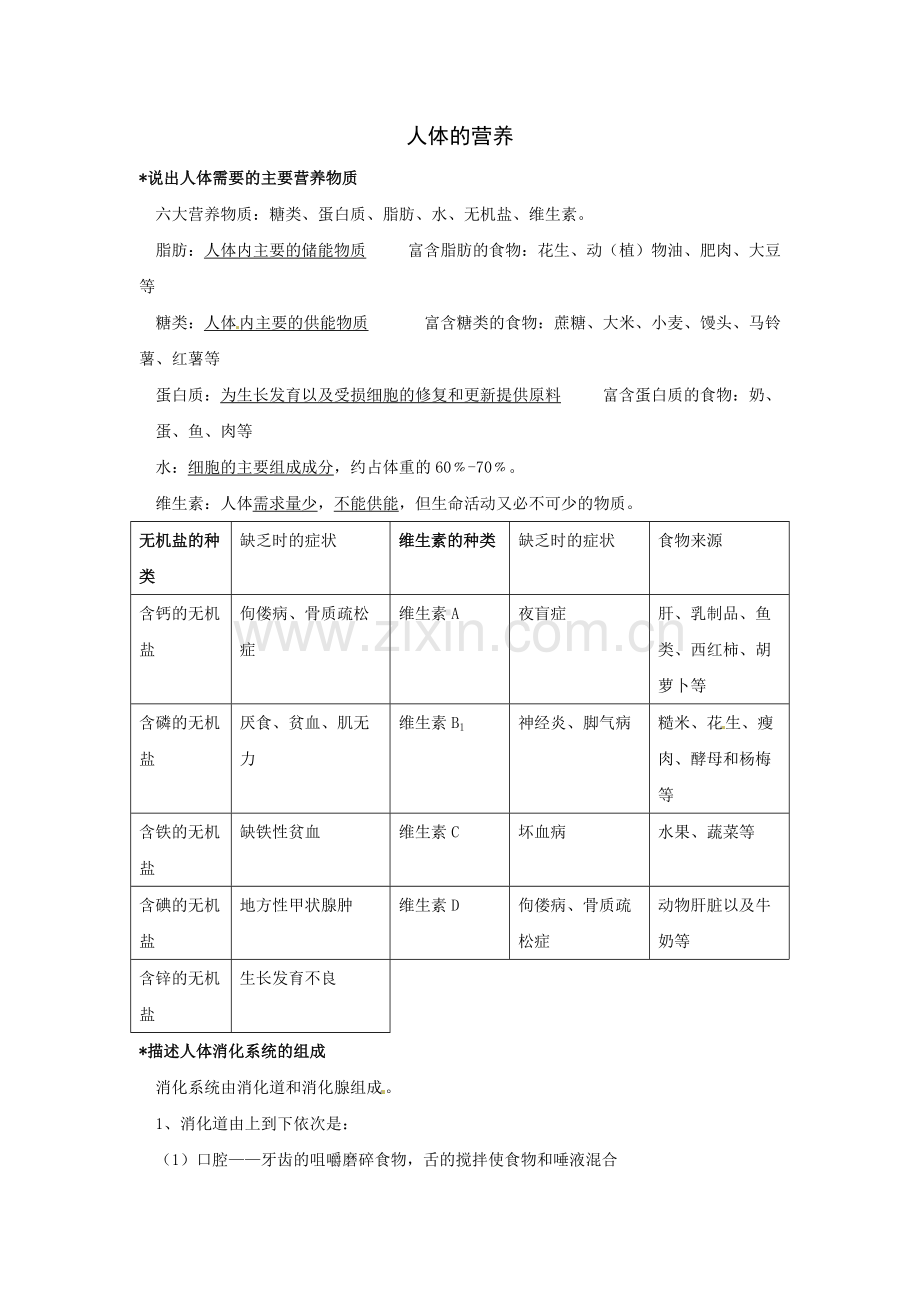 初中生物人体的营养知识点及复习题.pdf_第1页