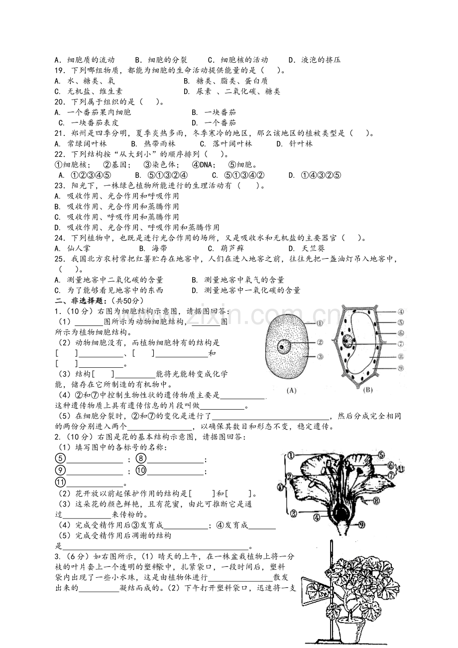 新人教版七年级上生物期末试题及答案.doc_第2页