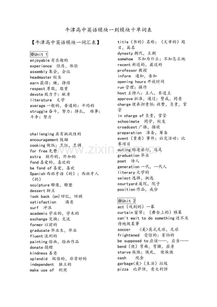 牛津高中英语模块一到模块十单词表.doc_第1页