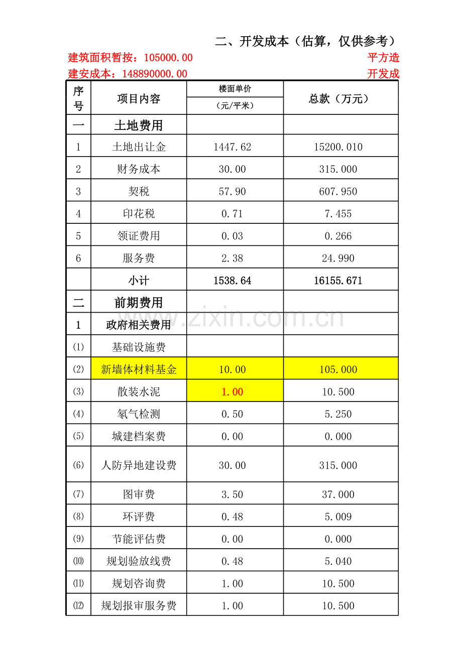 2016房地产企业开发成本测算全表.xls_第1页