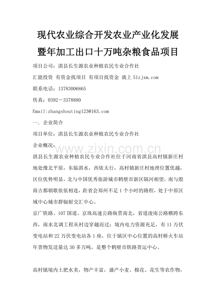 年加工出口十万吨杂粮食品项目建设可行性研究报告.doc_第1页