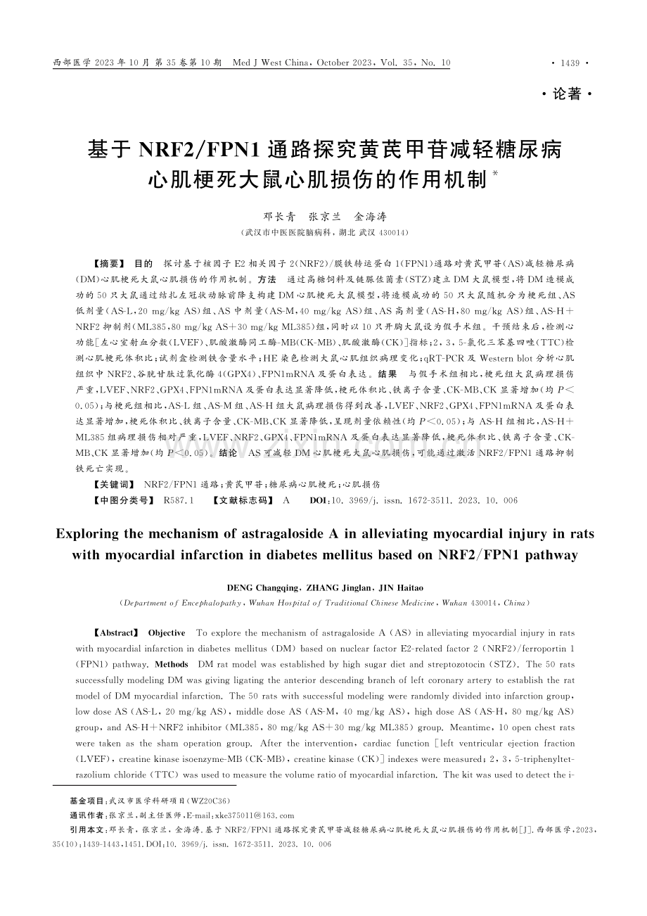 基于NRF2_FPN1通路探究黄芪甲苷减轻糖尿病心肌梗死大鼠心肌损伤的作用机制.pdf_第1页