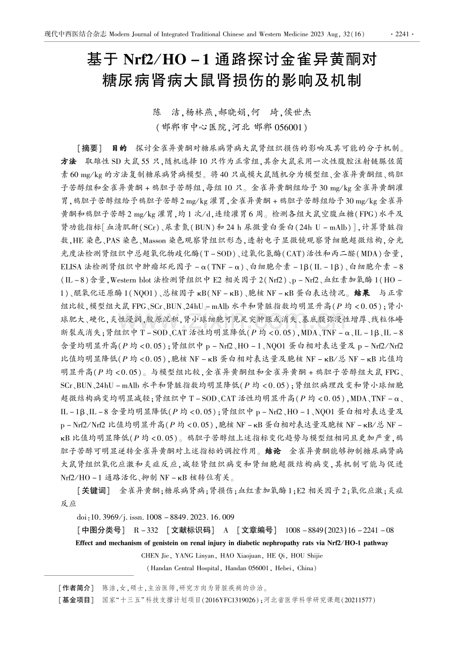 基于Nrf2_HO-1通路探讨金雀异黄酮对糖尿病肾病大鼠肾损伤的影响及机制.pdf_第1页