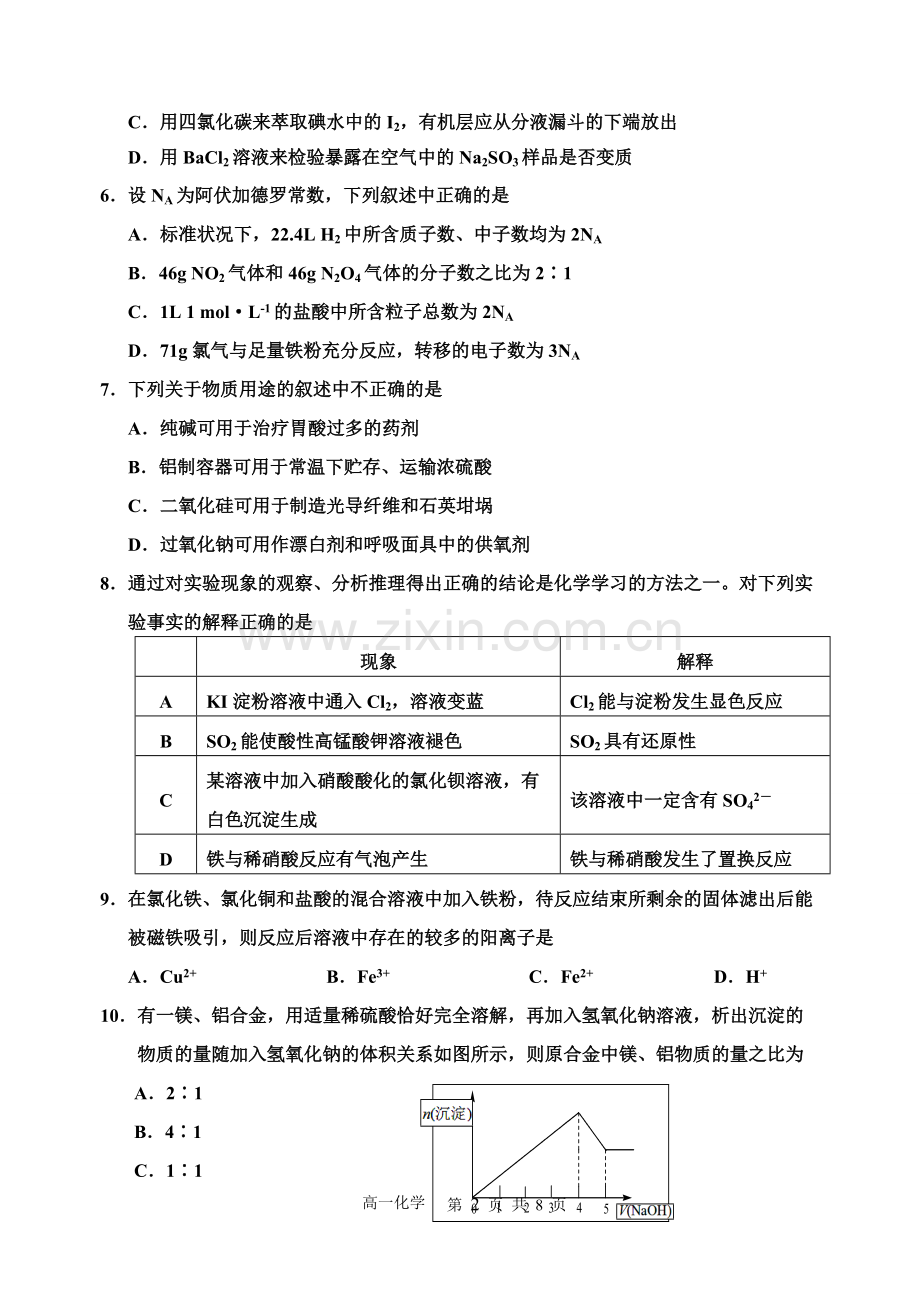 宿迁市2015～2016学年度第一学期期末考试高一化学试卷及答案.pdf_第2页