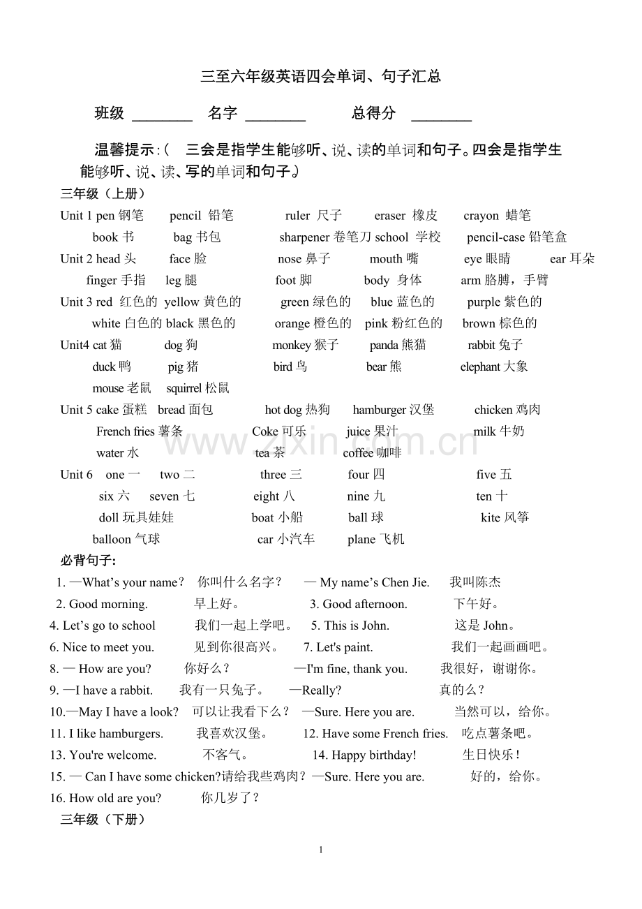 小学三至六年级英语四会单词、句子汇总1.pdf_第1页