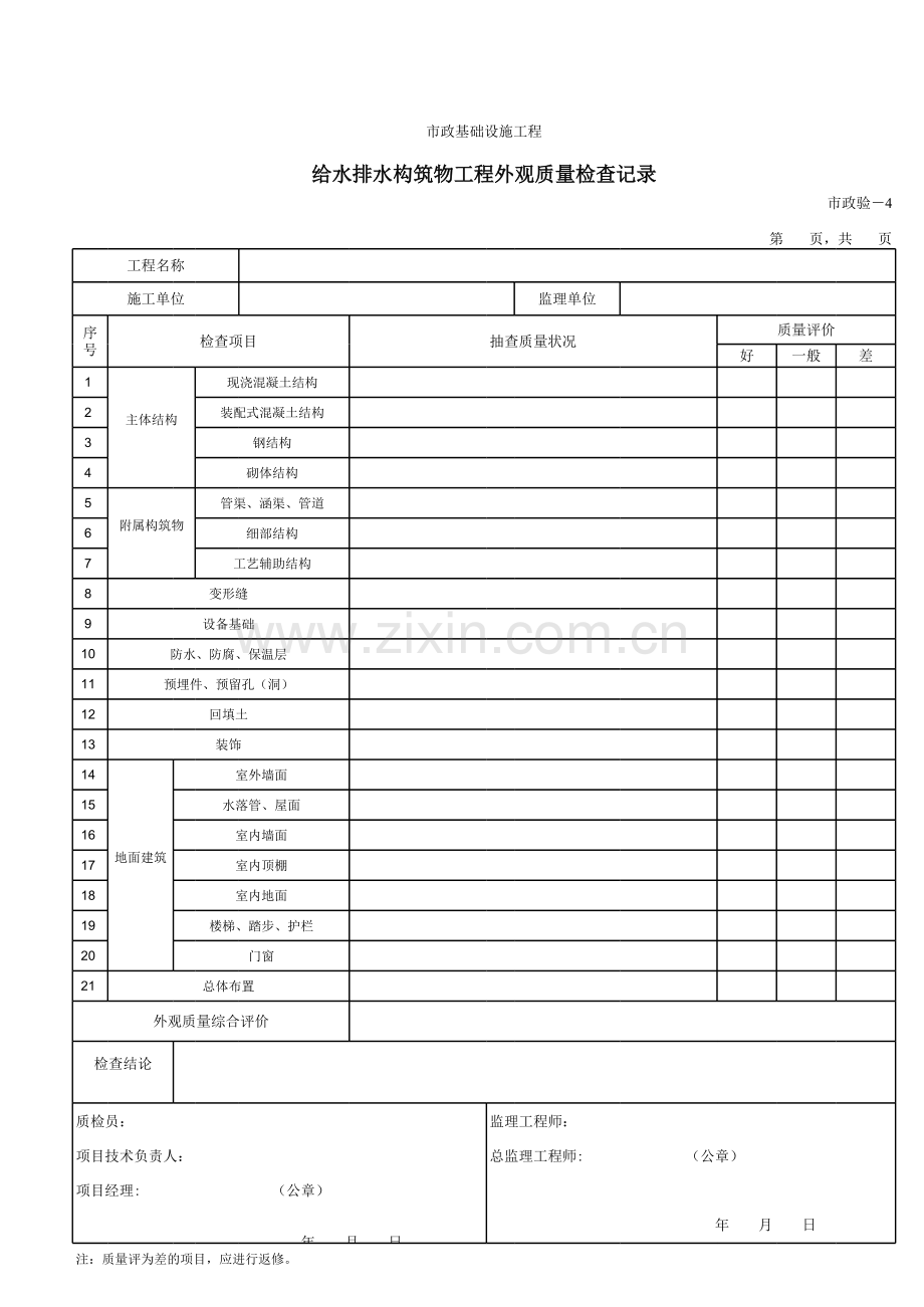 给水排水构筑物工程外观质量检查记录-().xls_第1页