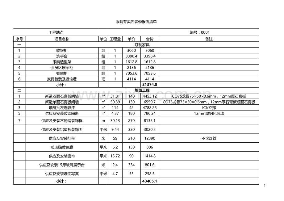 眼镜专卖店预算.xls_第1页