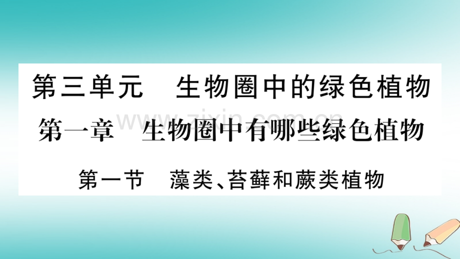 2018秋七年级生物上册-第3单元-第1章-第1节-藻类、苔藓和蕨类植物习题优质新人教版.ppt_第1页