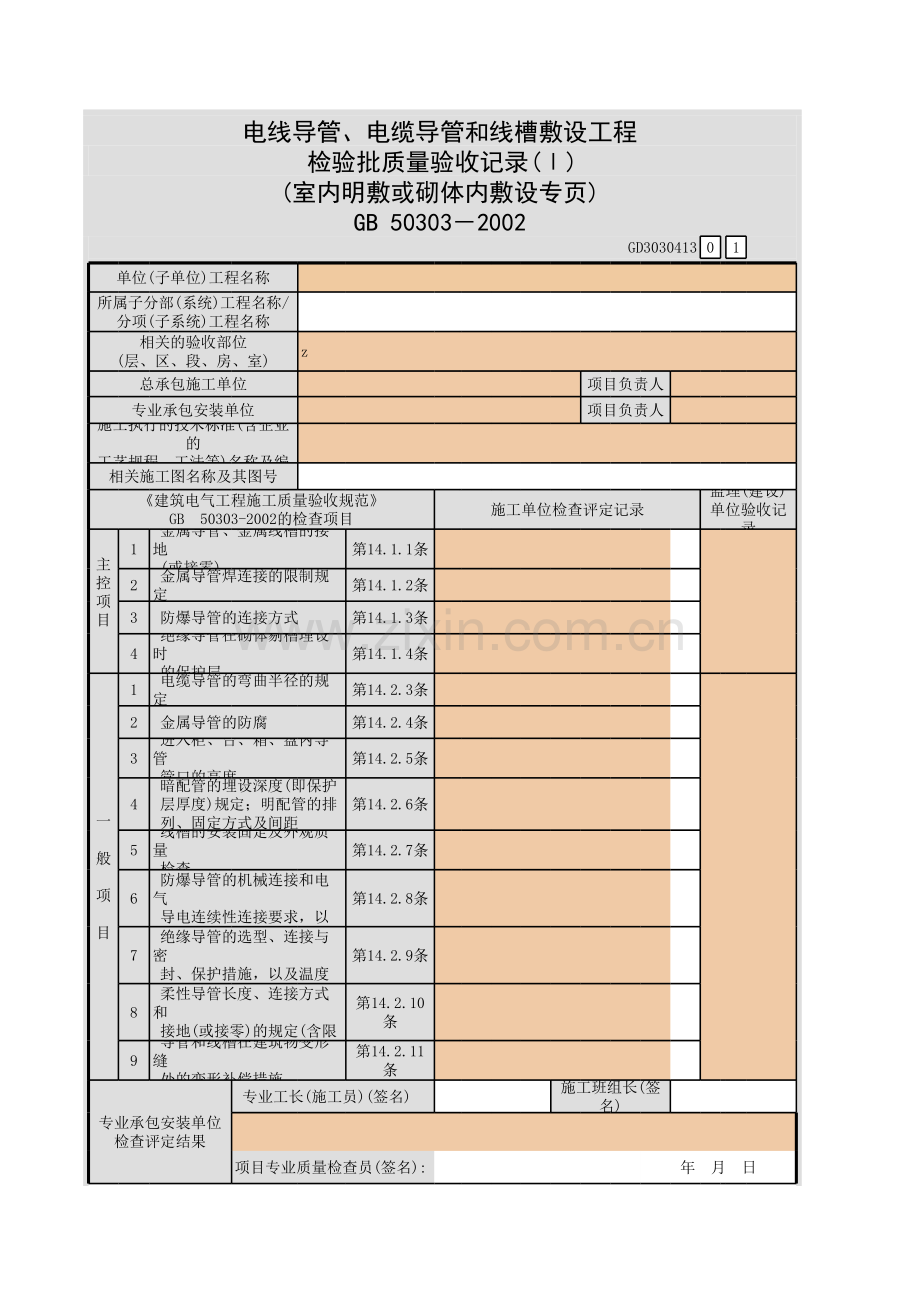 电线导管、电缆导管和线槽敷设工程检验批质量验收记录(Ⅰ)(室内明敷或砌体内敷设专页).xls_第1页