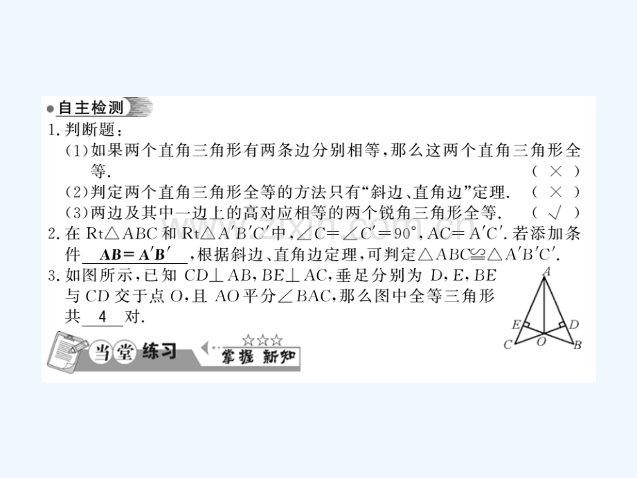 2018春八年级数学下册-第1章-直角三角形-1.3-直角三角形全等的判定习题-(新版)湘教版(1).ppt_第3页