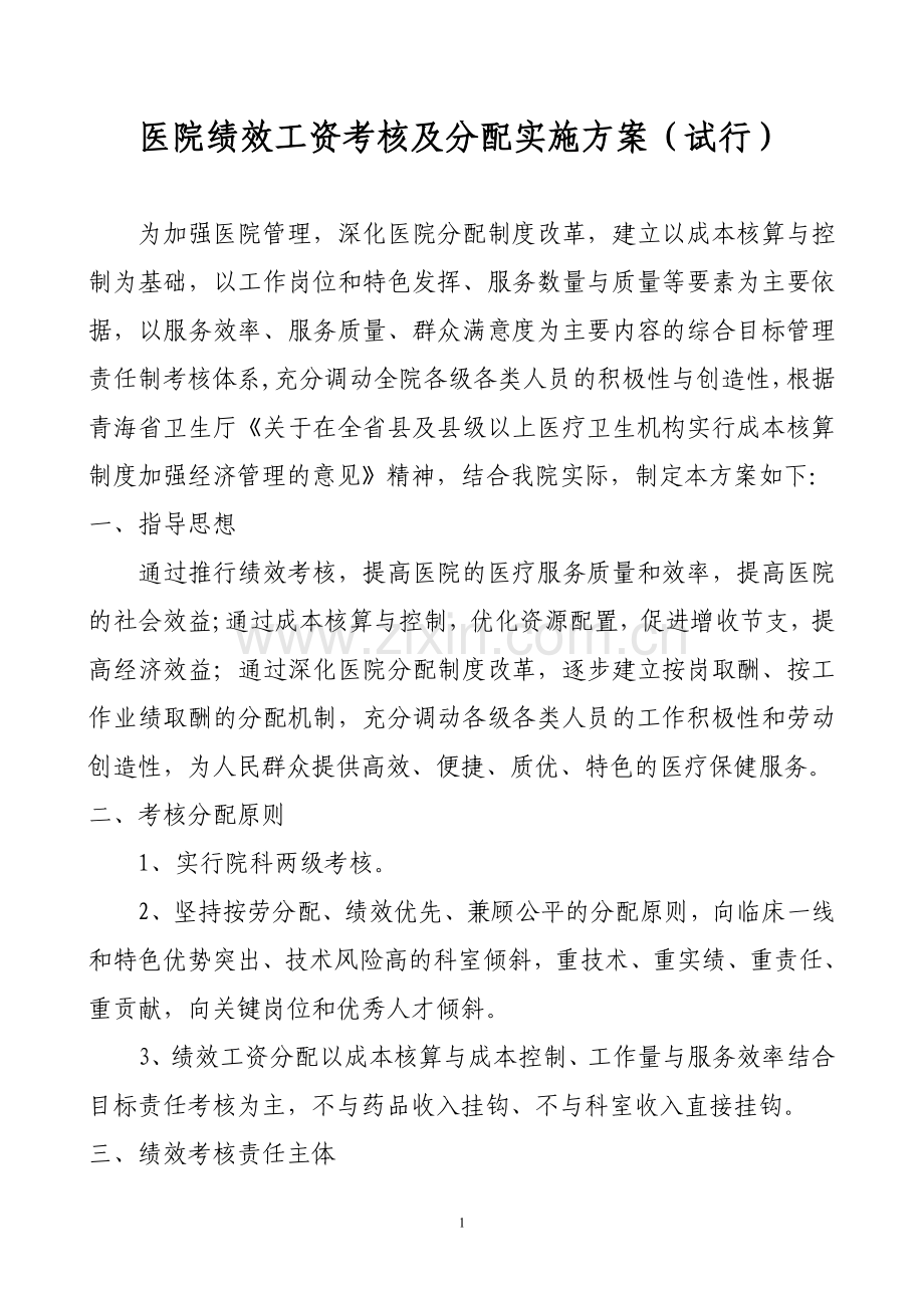 医院绩效工资考核及分配实施方案(试行).doc_第1页