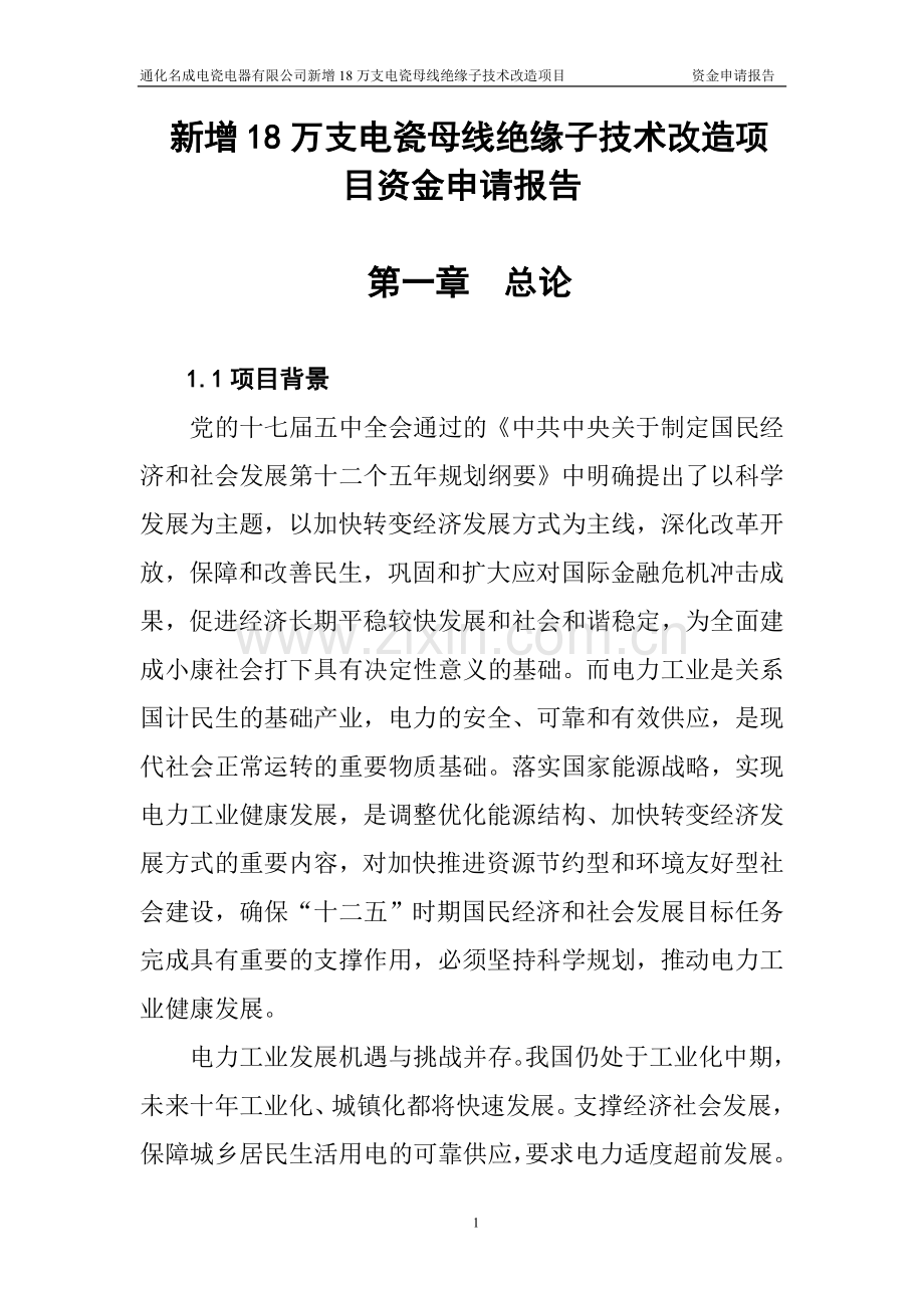 新增18万支电瓷母线绝缘子技术改造项目投资可行性研究报告.doc_第1页