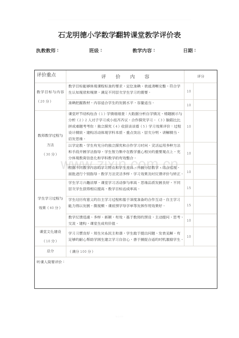 数学翻转课堂教学评价标准表.docx_第1页