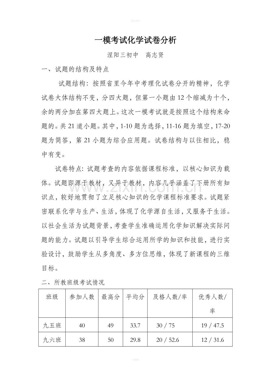 初三化学一模考试化学试卷分析.doc_第1页