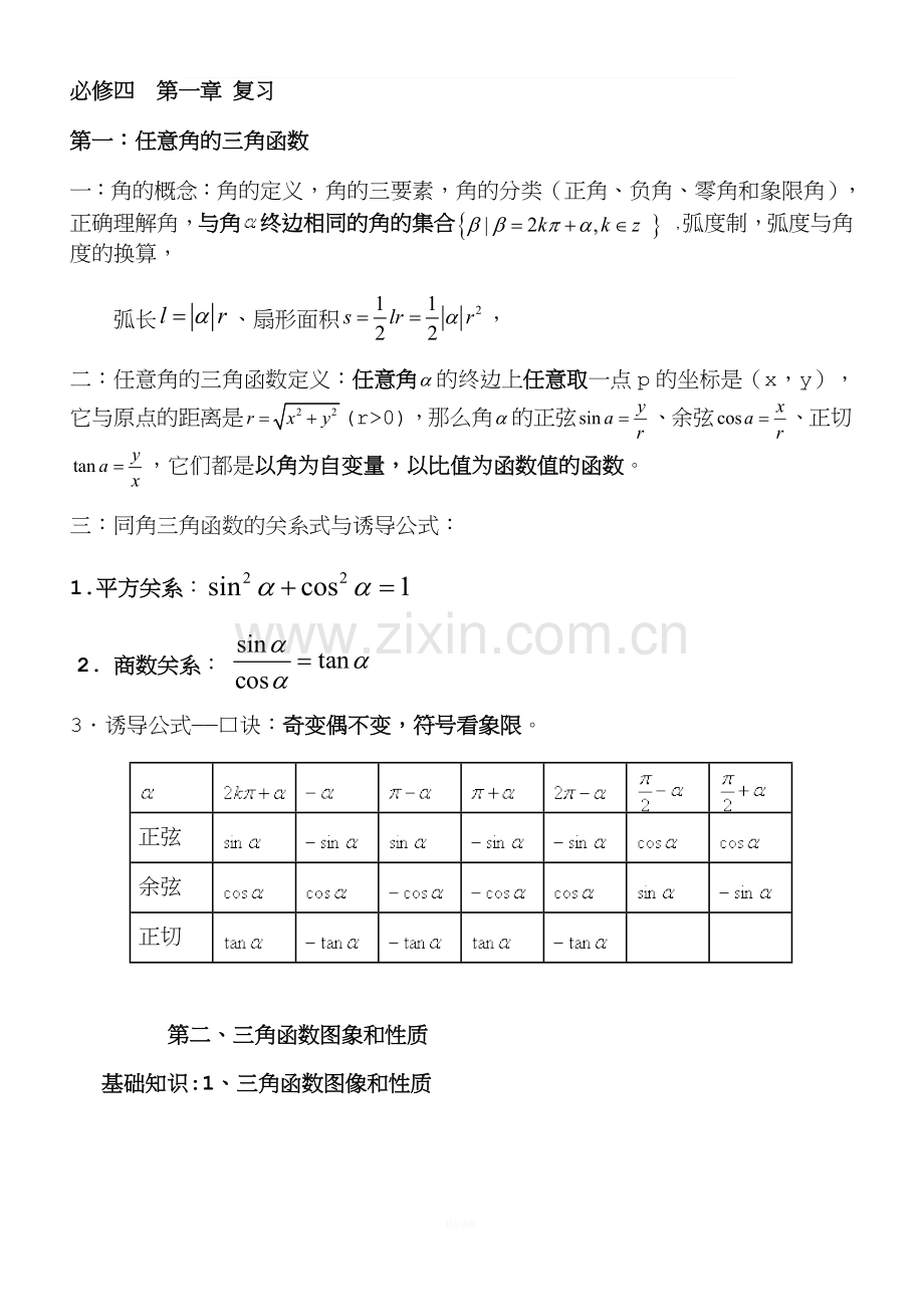 高中数学必修4第一章复习总结及典型例题.doc_第1页