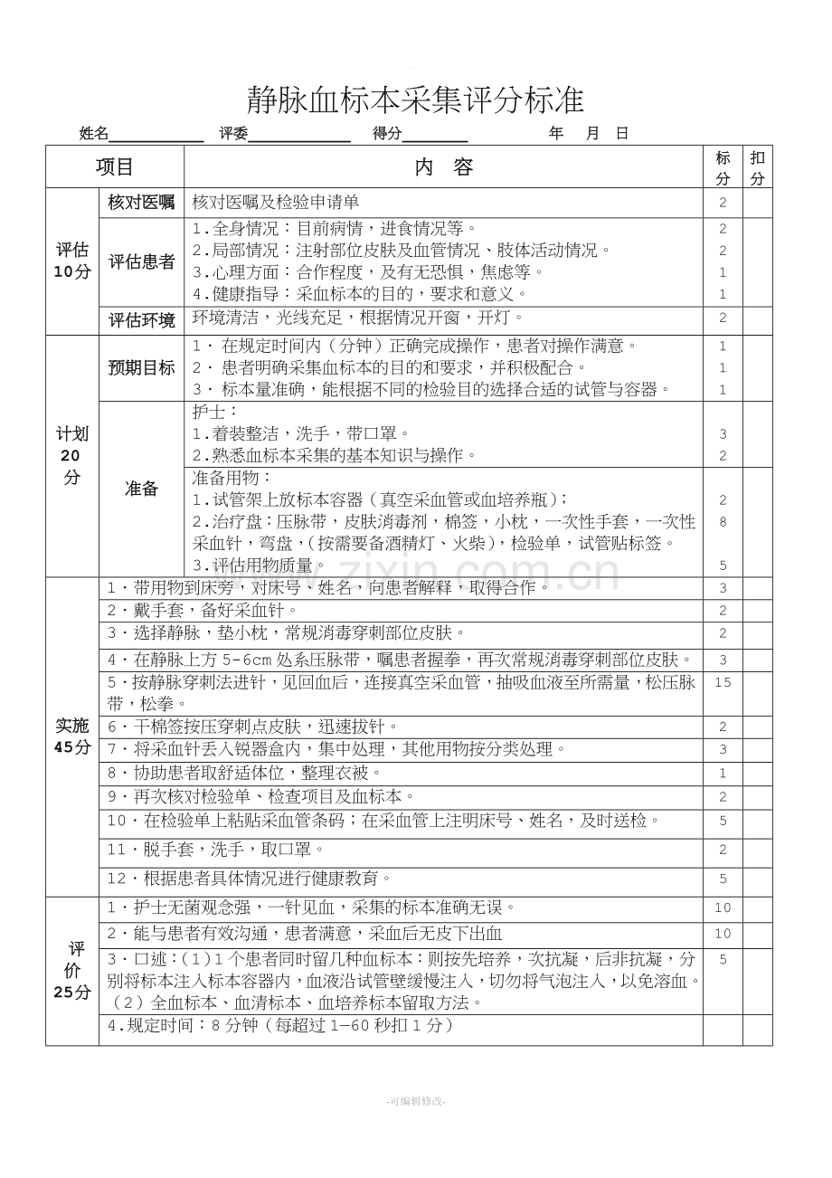 静脉采血操作评分标准.doc_第1页