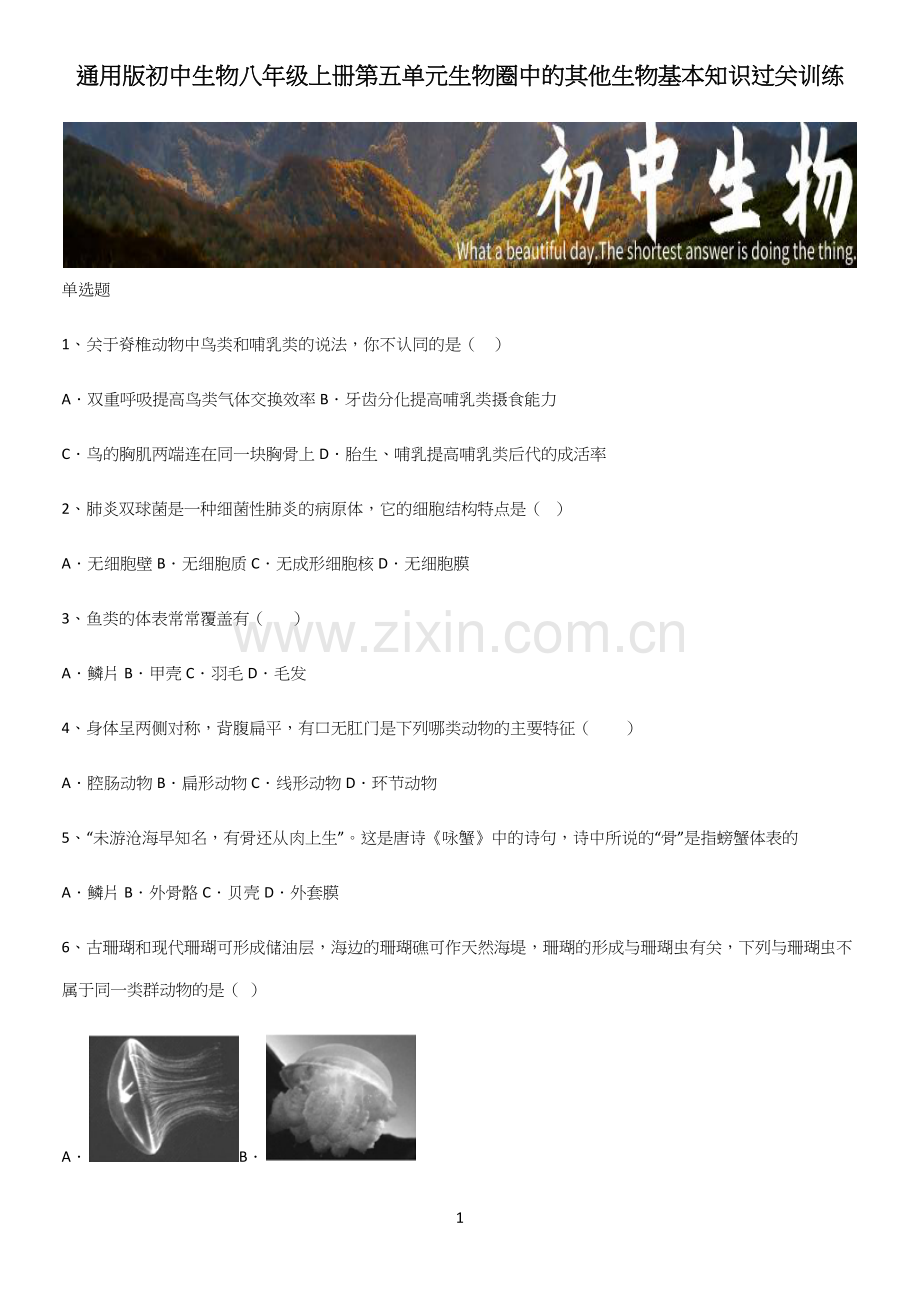 初中生物八年级上册第五单元生物圈中的其他生物基本知识过关训练.docx_第1页