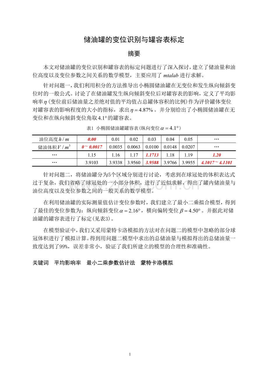 储油罐的变位识别与罐容表标定大学生数学建模一等奖-毕业论文.doc_第1页