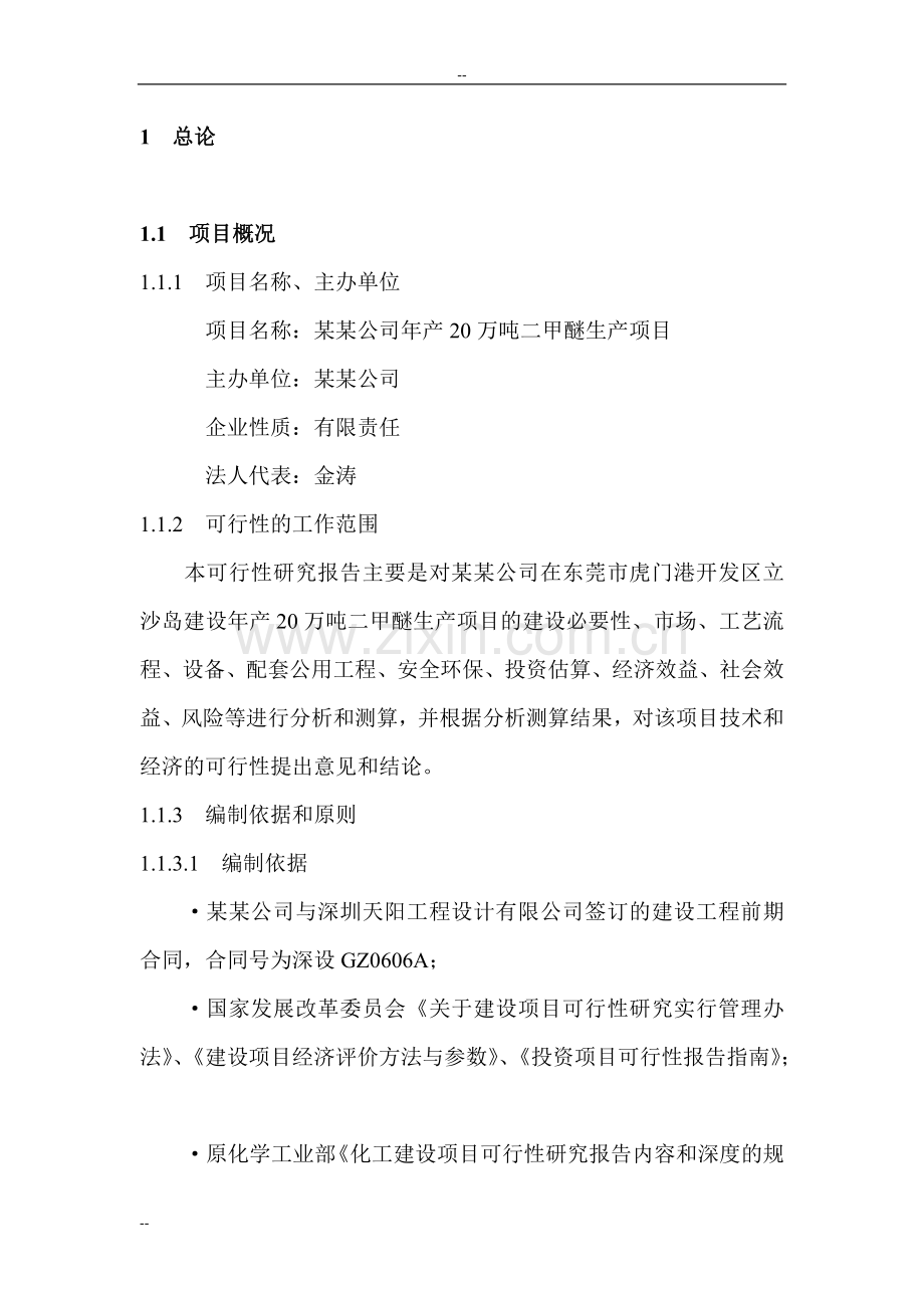 某公司20万吨年二甲醚生产线项目建设可行性研究报告.doc_第1页