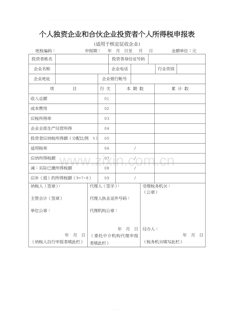 个人独资企业和合伙企业投资者个人所得税申报表(适用于核定征收企业).doc_第1页