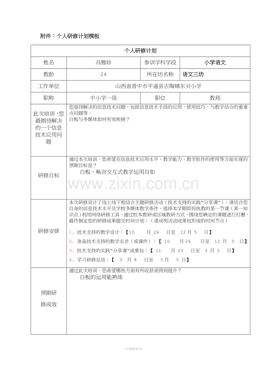 【信息技术】个人研修计划模板.doc_第1页