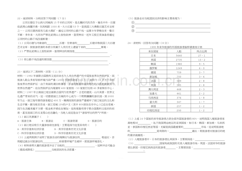 100高二旅游地理试卷(含答案).doc_第3页