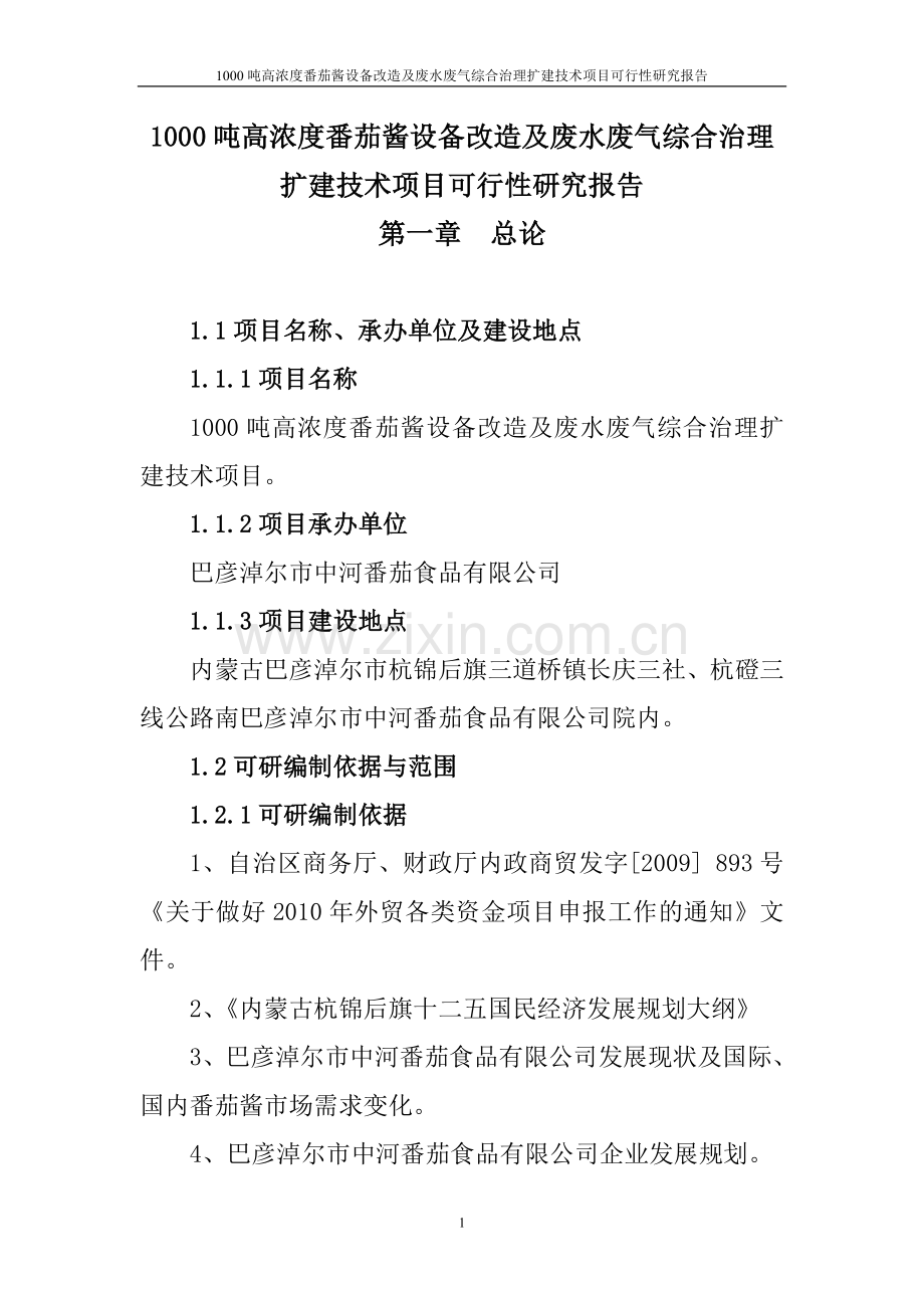 1000吨高浓度番茄酱设备改造和废水废气综合治理扩建技术项目建设可研报告.doc_第1页