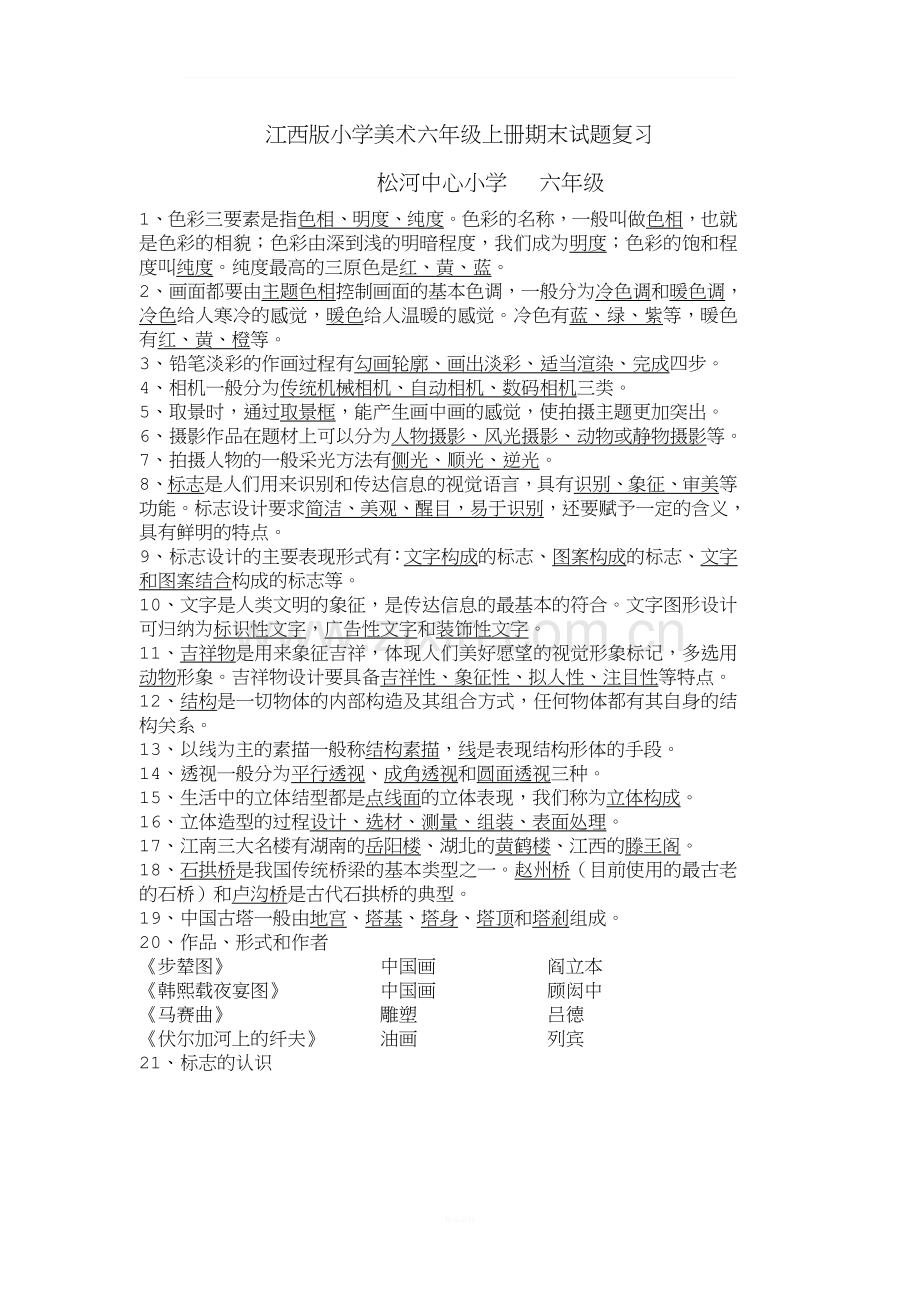 江西版小学美术六年级上册复习资料.doc_第1页