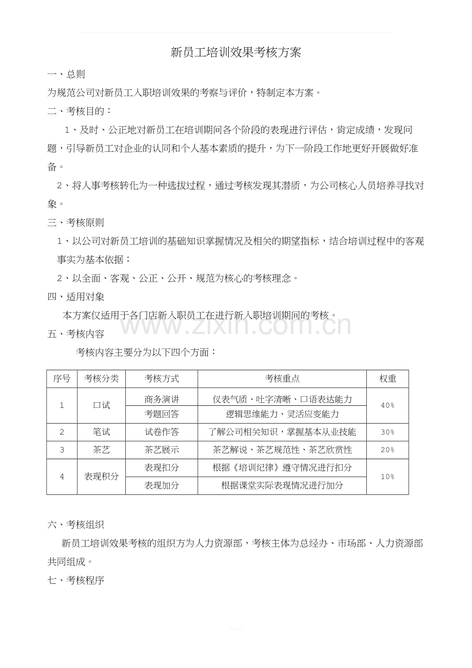 新员工培训效果考核方案(茶行业)v1.0.docx_第1页