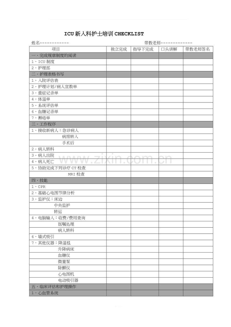 ICU护士岗前培训计划表格.doc_第1页