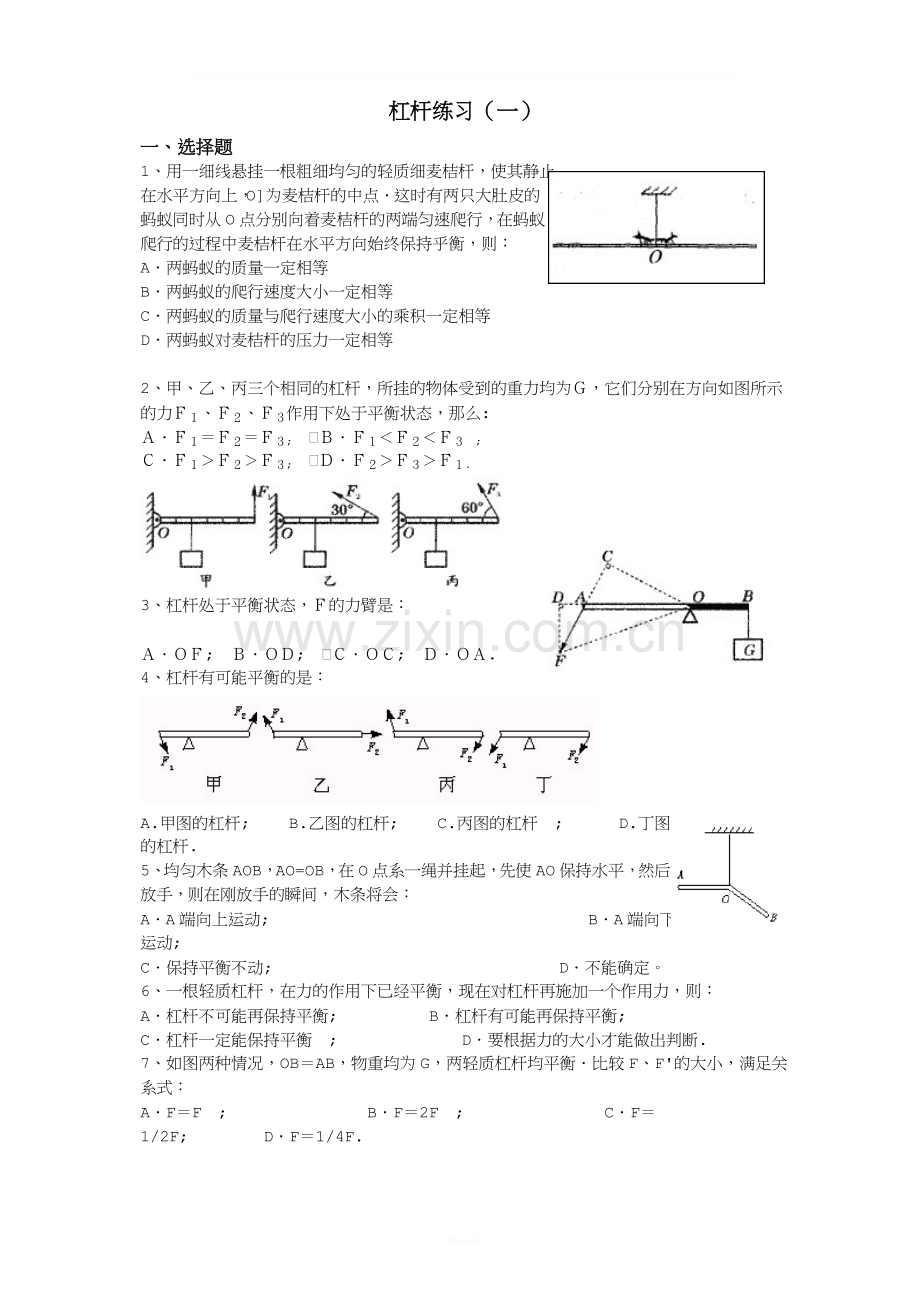 九年级科学杠杆练习1.doc_第1页