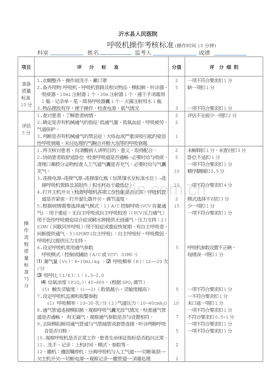 呼吸机操作考核标准.doc_第1页