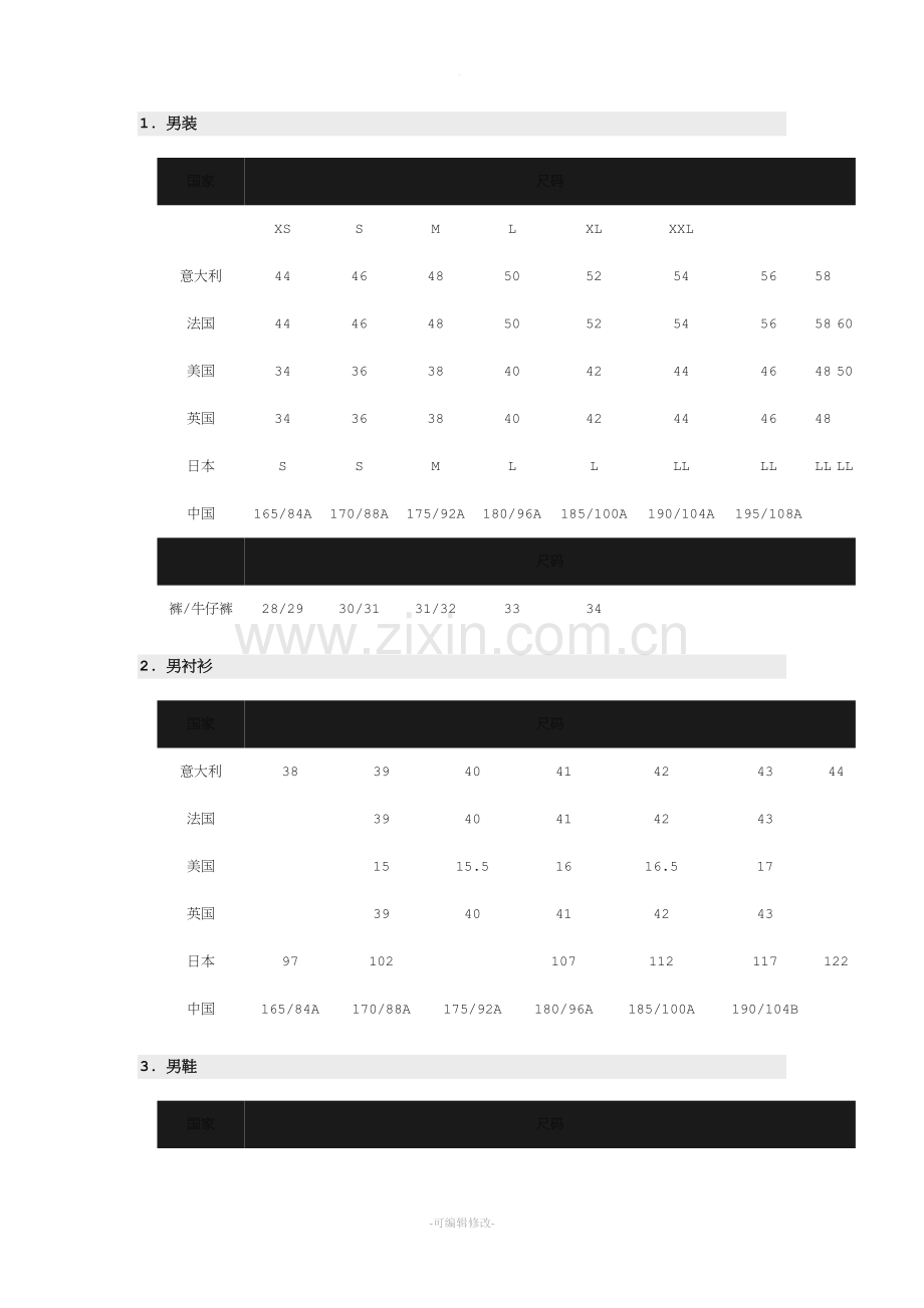 国际尺码对照表.doc_第1页