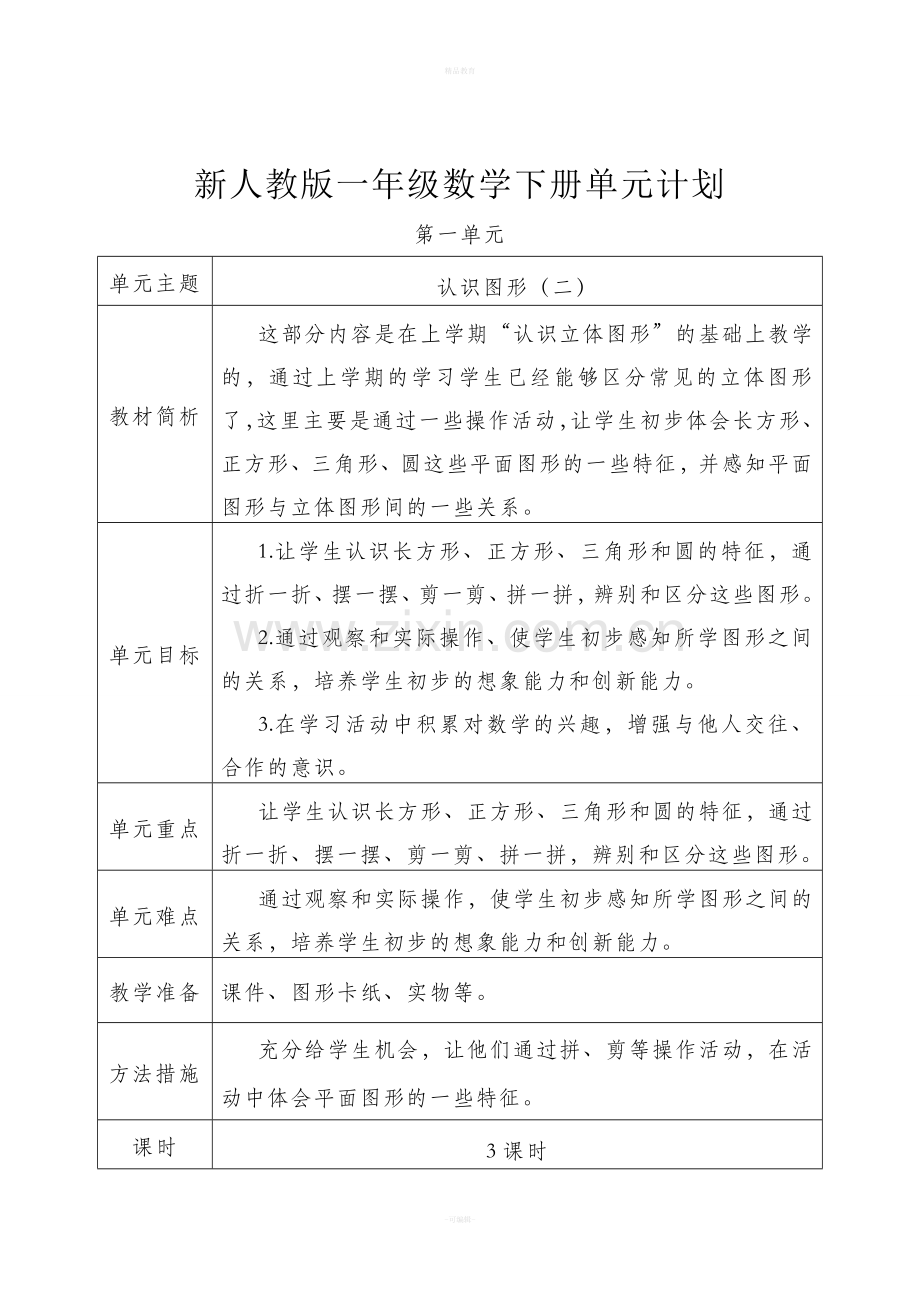 人教版数学一年级下册单元教学计划.doc_第1页