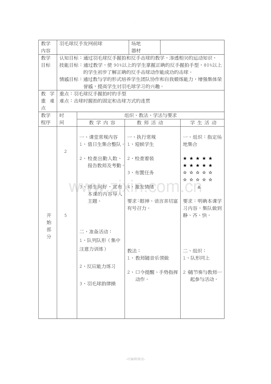 羽毛球反手发网前球教案.doc_第1页